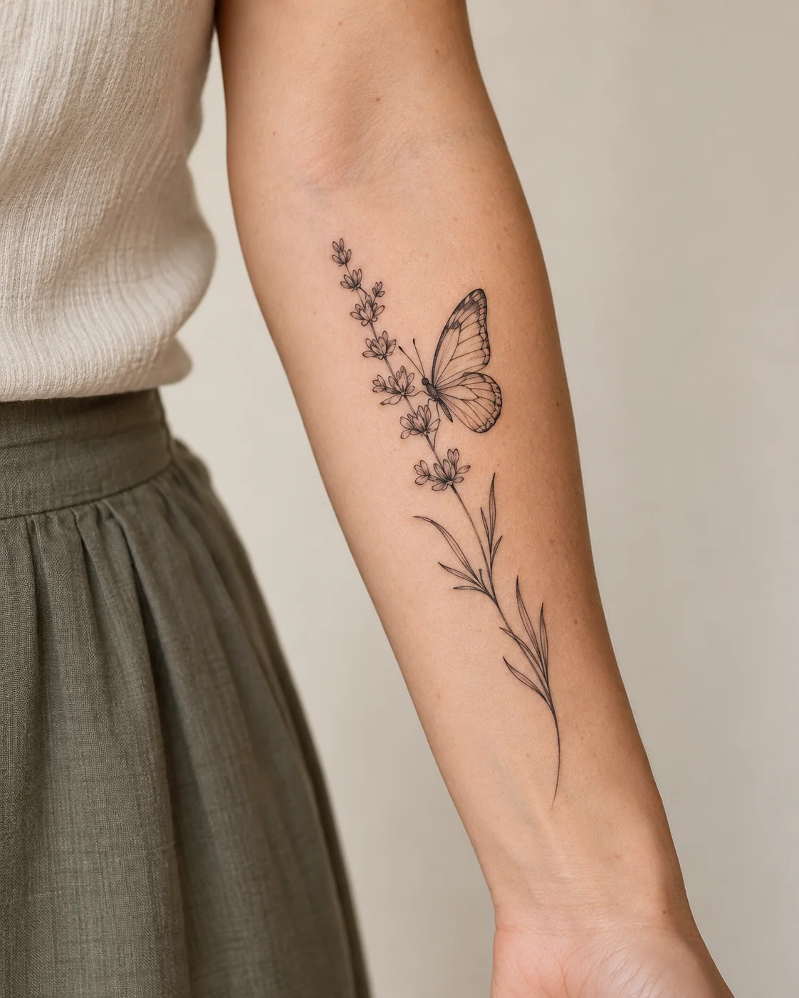 Butterfly on a Lavender Stem fine line tattoo concept on the outer forearm