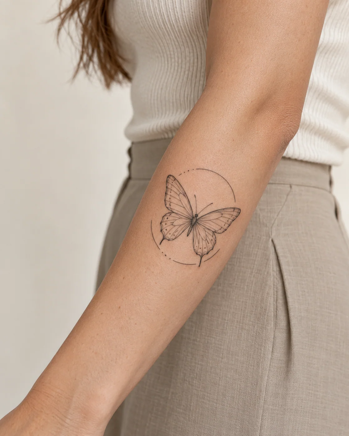 Butterfly and Fine Circle fine line tattoo concept on the outer forearm