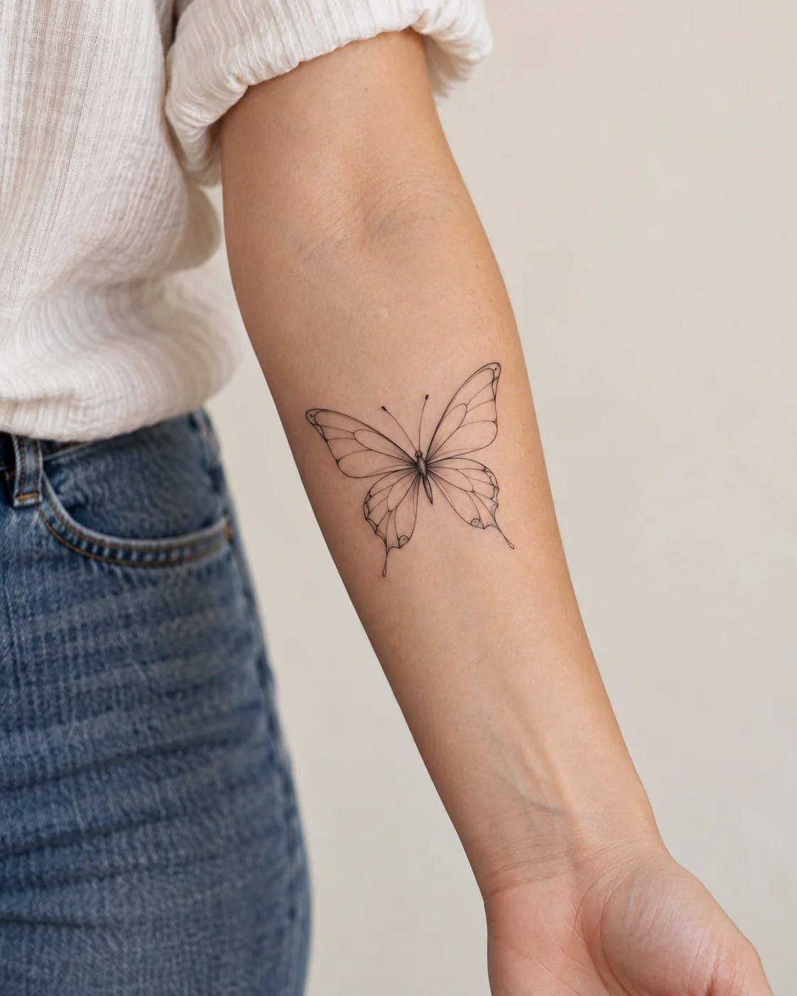Butterfly with Open Wing Centers fine line tattoo concept on the inner forearm