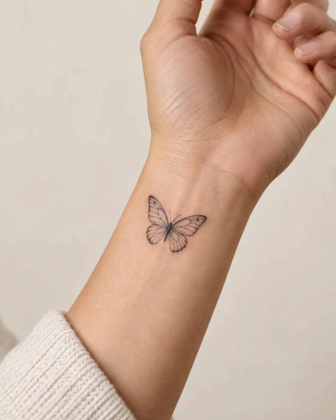 Single Butterfly for a New Chapter fine line tattoo concept on the inner wrist