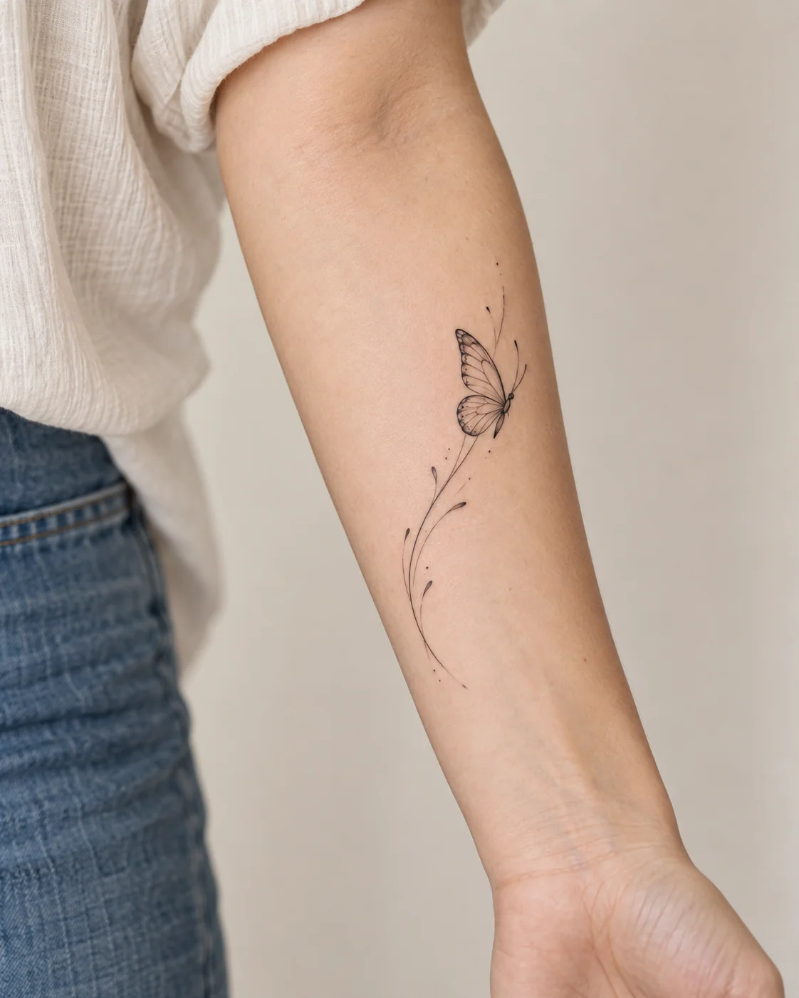 Rising Butterfly for Moving Forward fine line tattoo concept on the inner forearm