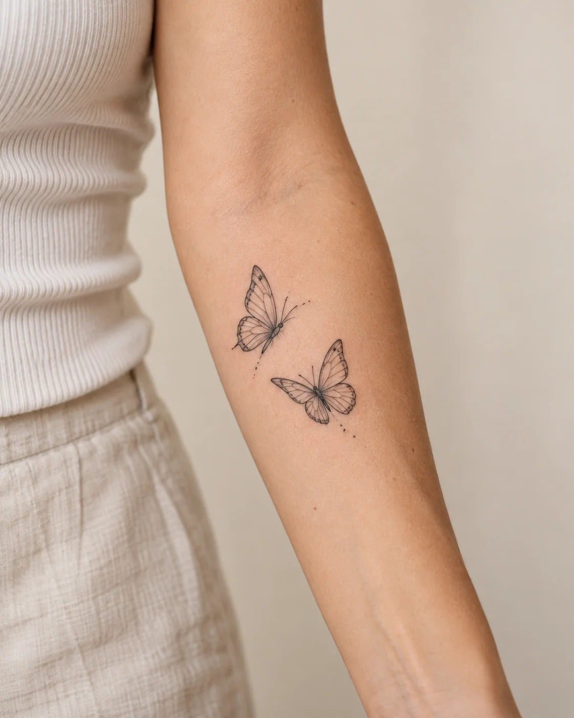 Two Butterflies for a Close Bond fine line tattoo concept on the outer forearm