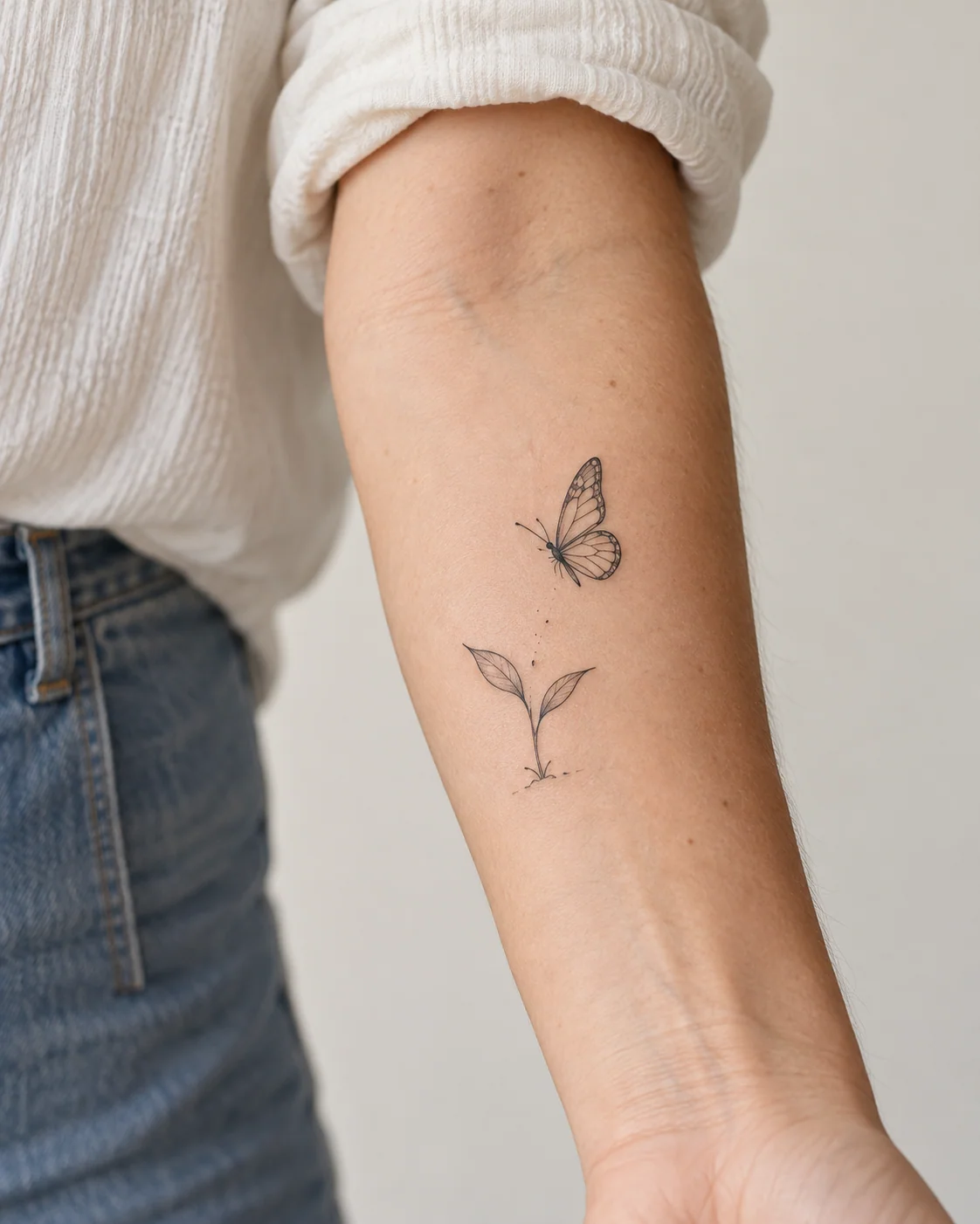 Butterfly and Seedling for Growth fine line tattoo concept on the inner forearm