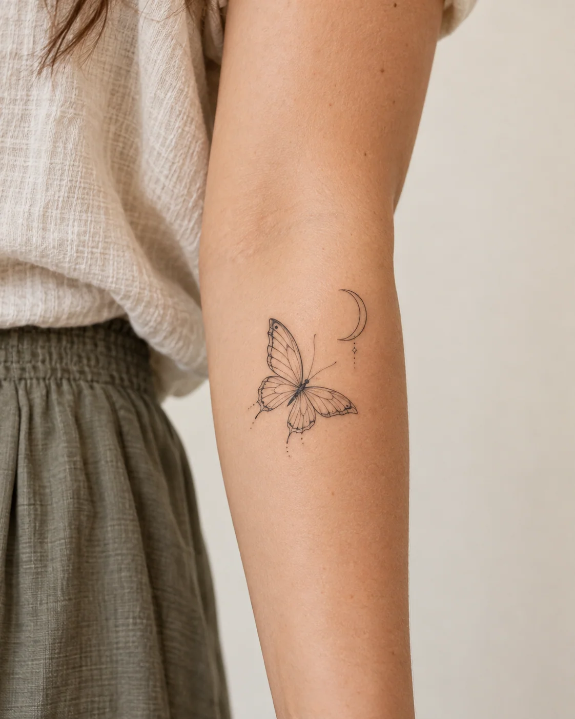 Butterfly and Crescent for Change fine line tattoo concept on the outer forearm