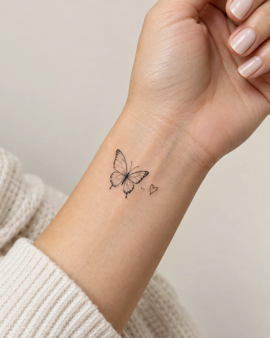 Butterfly and Small Heart for Love fine line tattoo concept on the inner wrist