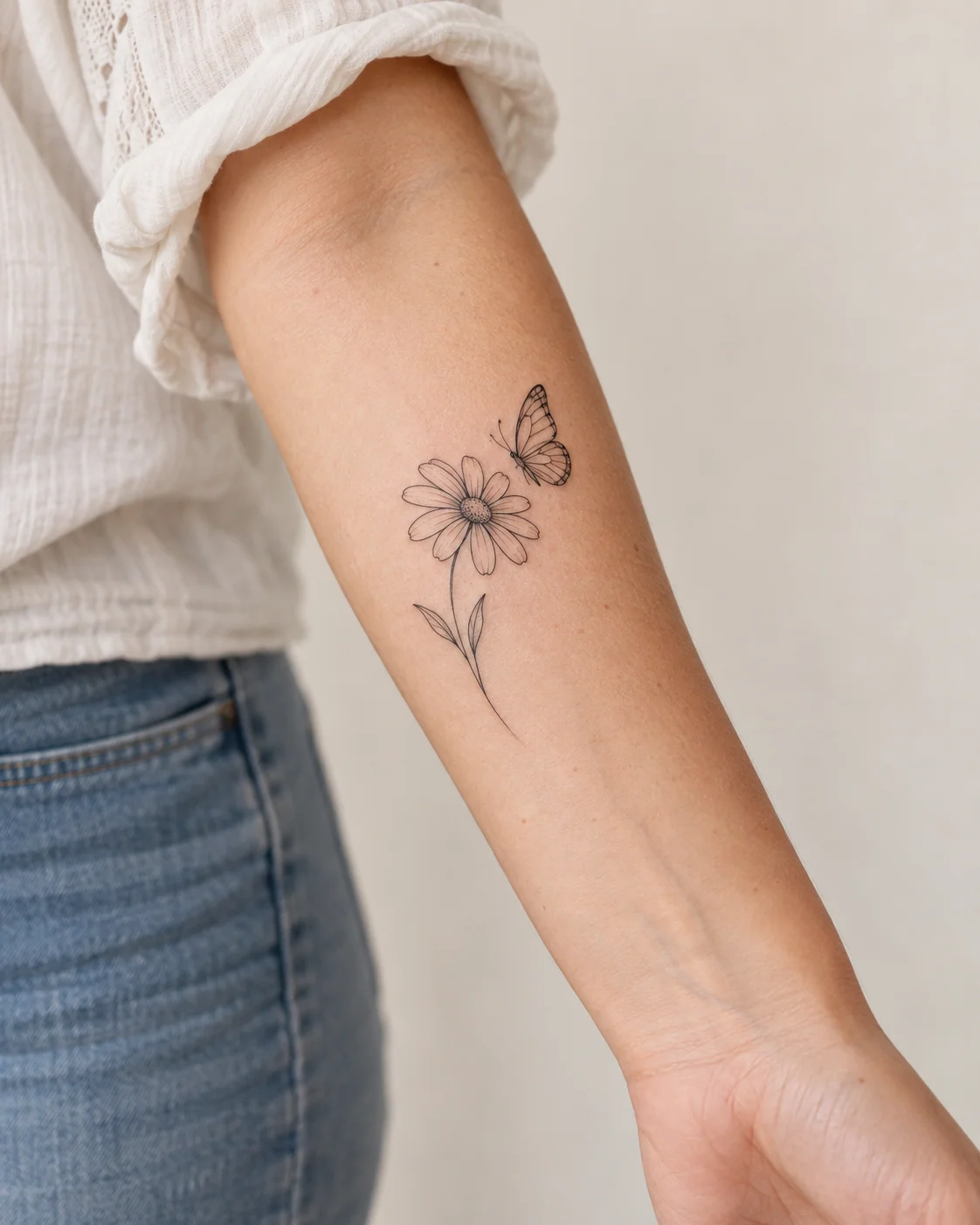 Butterfly and Daisy for Everyday Joy fine line tattoo concept on the outer forearm