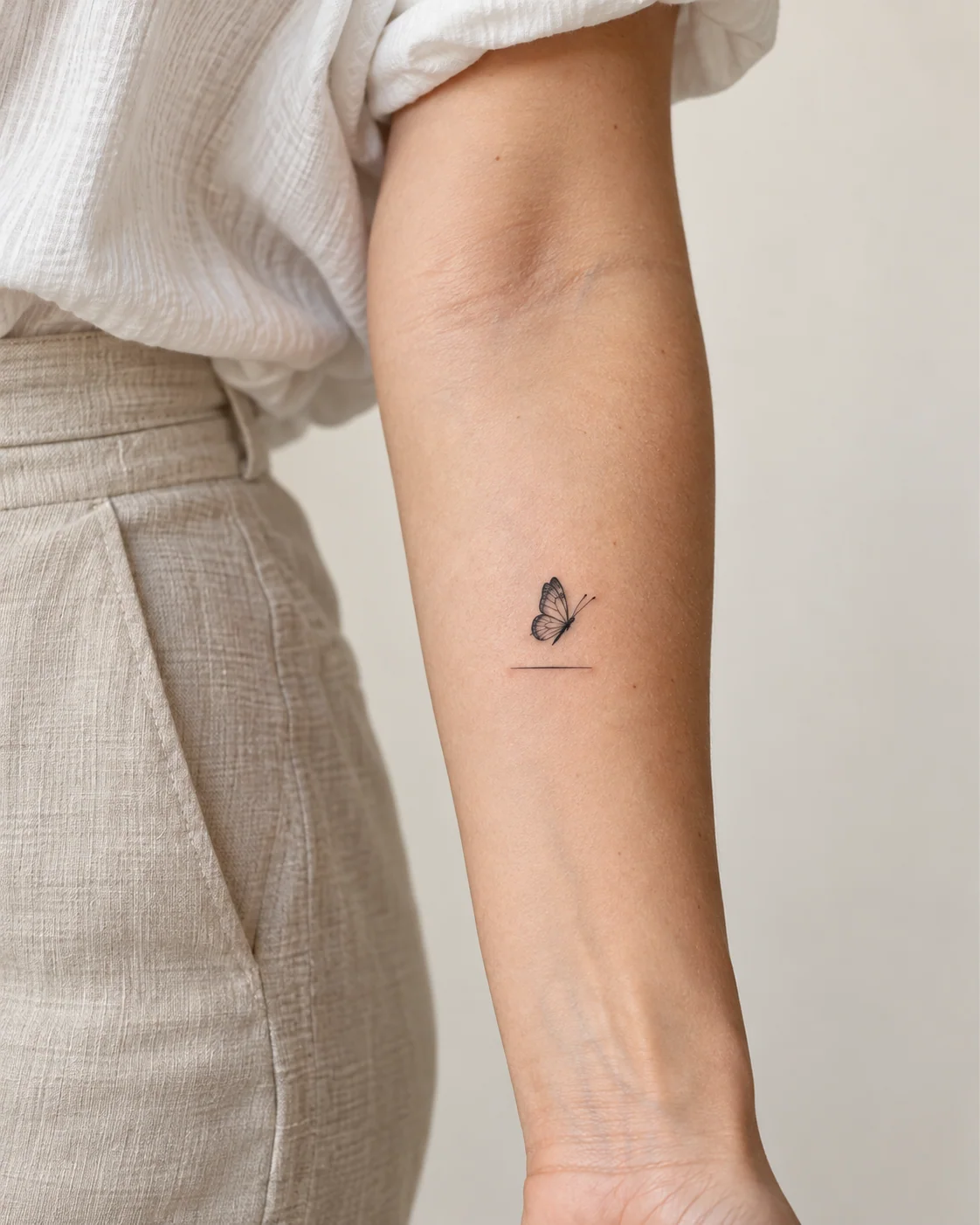 Butterfly and a Quiet Horizon fine line tattoo concept on the inner forearm