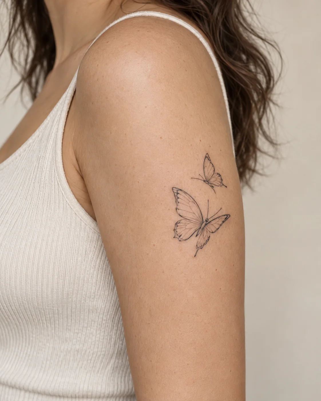 Butterfly Pair in Different Sizes fine line tattoo concept on the outer upper arm