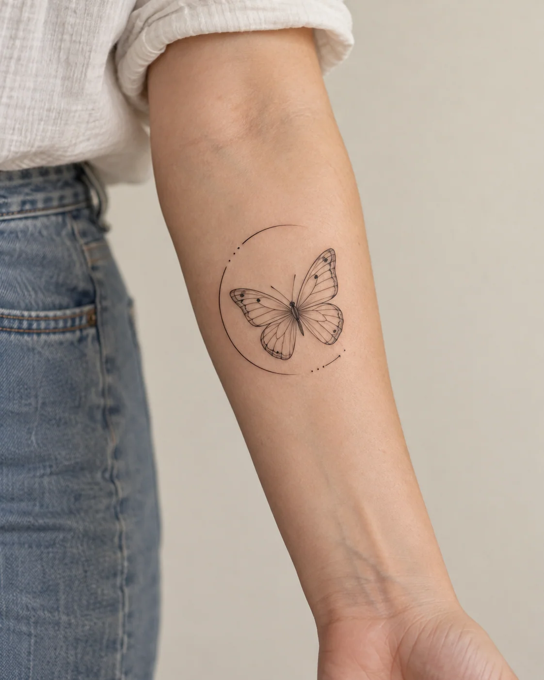 Butterfly with an Unfinished Circle fine line tattoo concept on the inner forearm