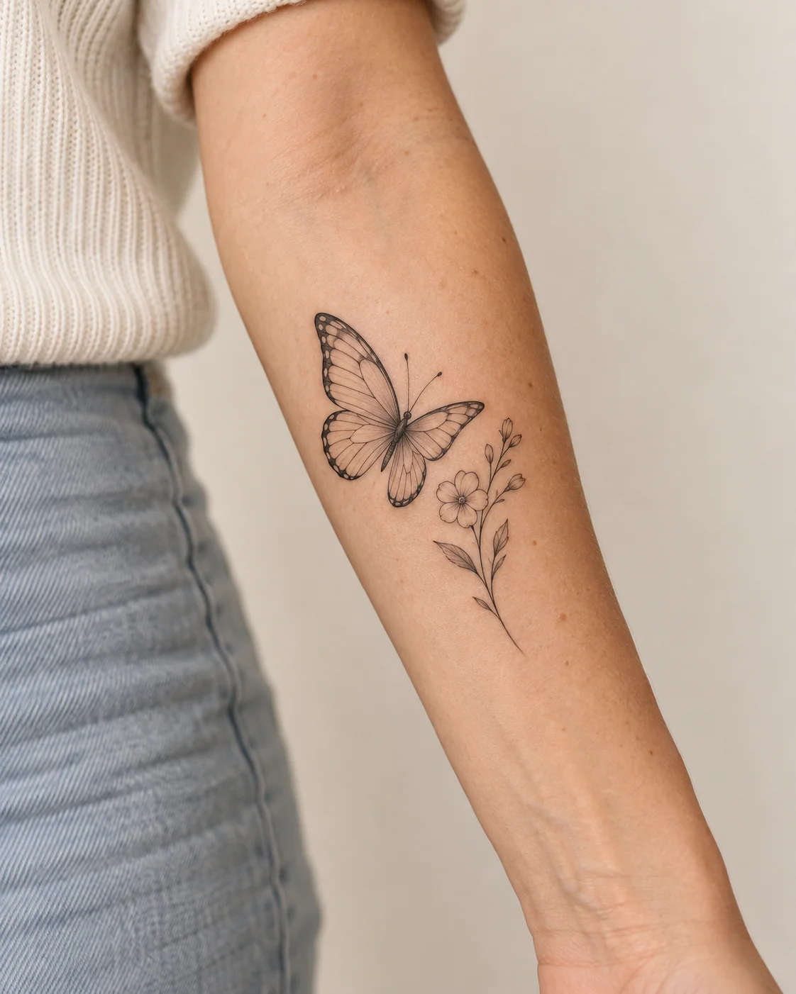 Butterfly and Forget-Me-Not-Inspired Bloom fine line tattoo concept on the outer forearm