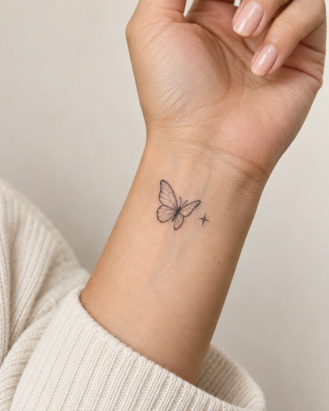 Butterfly and Tiny Spark for Hope fine line tattoo concept on the inner wrist