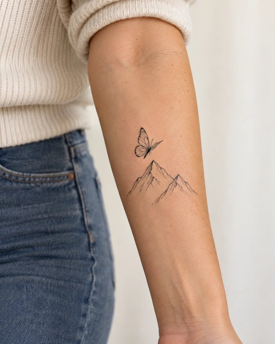 Butterfly and Mountain Peak for Perseverance fine line tattoo concept on the outer forearm