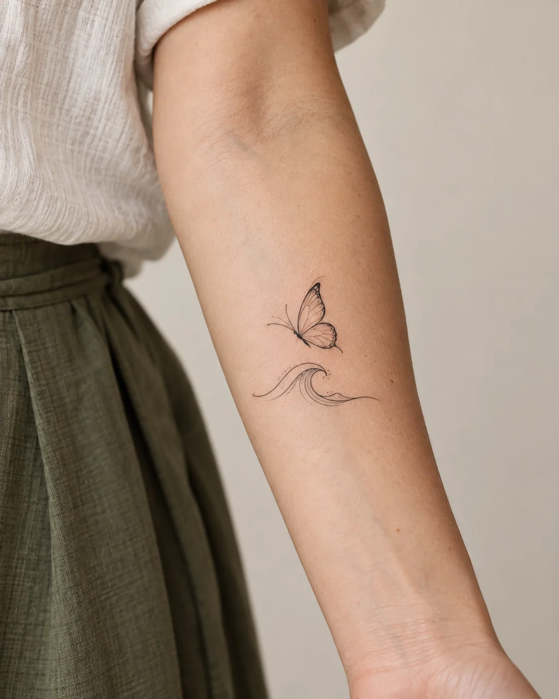 Butterfly and Gentle Wave for Adaptability fine line tattoo concept on the inner forearm