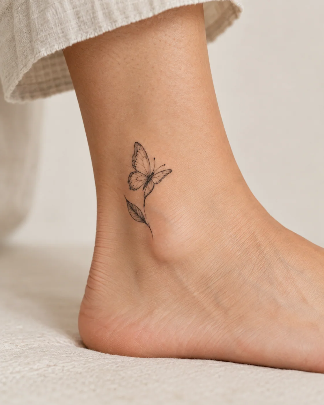 Butterfly with One Small Leaf for Renewal fine line tattoo concept on the outer ankle