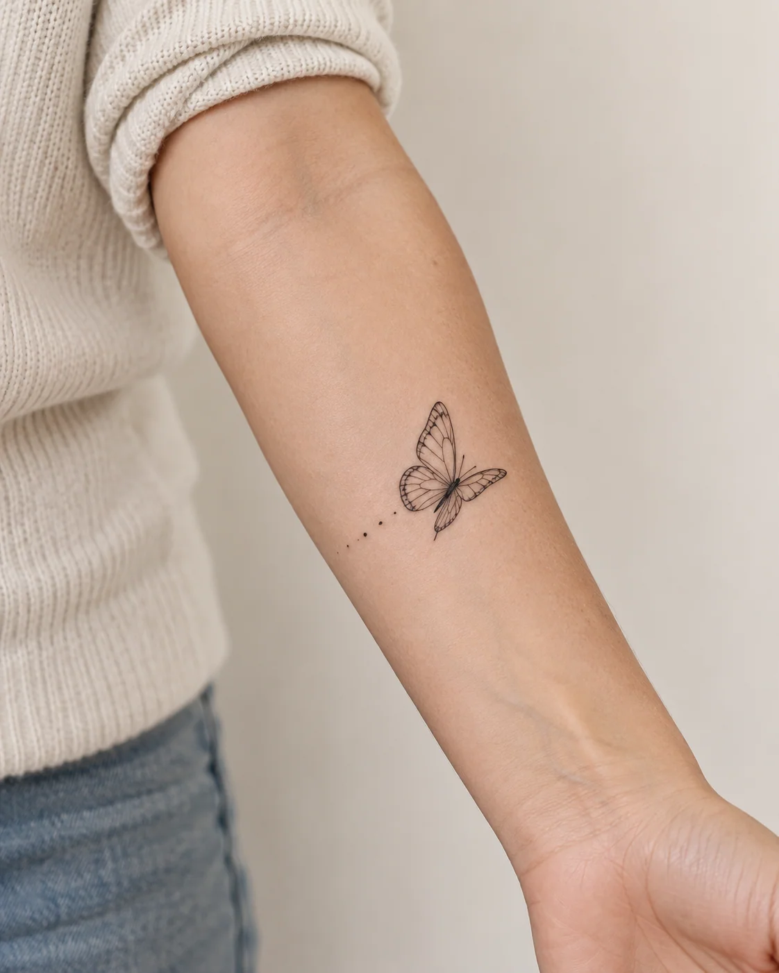 Butterfly with a Dotted Beginning fine line tattoo concept on the inner forearm