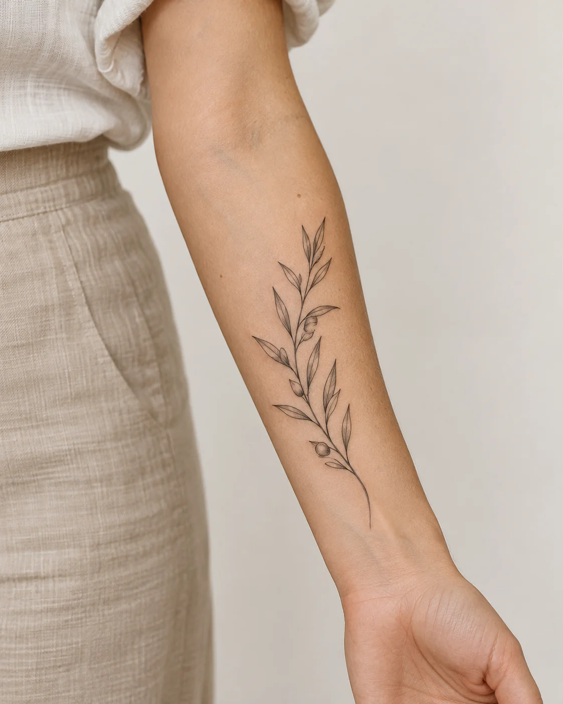 Slender Olive Branch fine line tattoo concept on the inner forearm