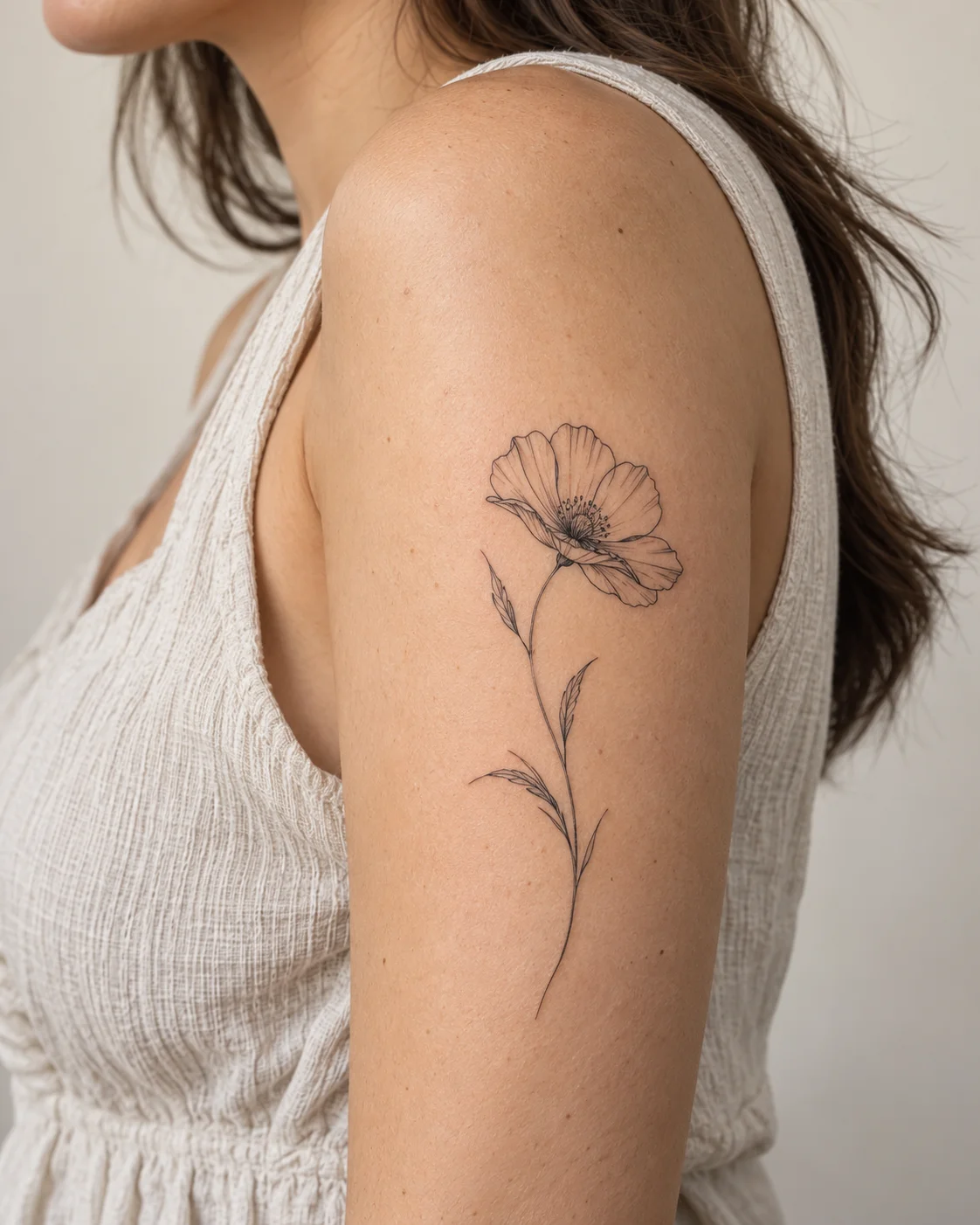 Single Wildflower fine line tattoo concept on the outer upper arm