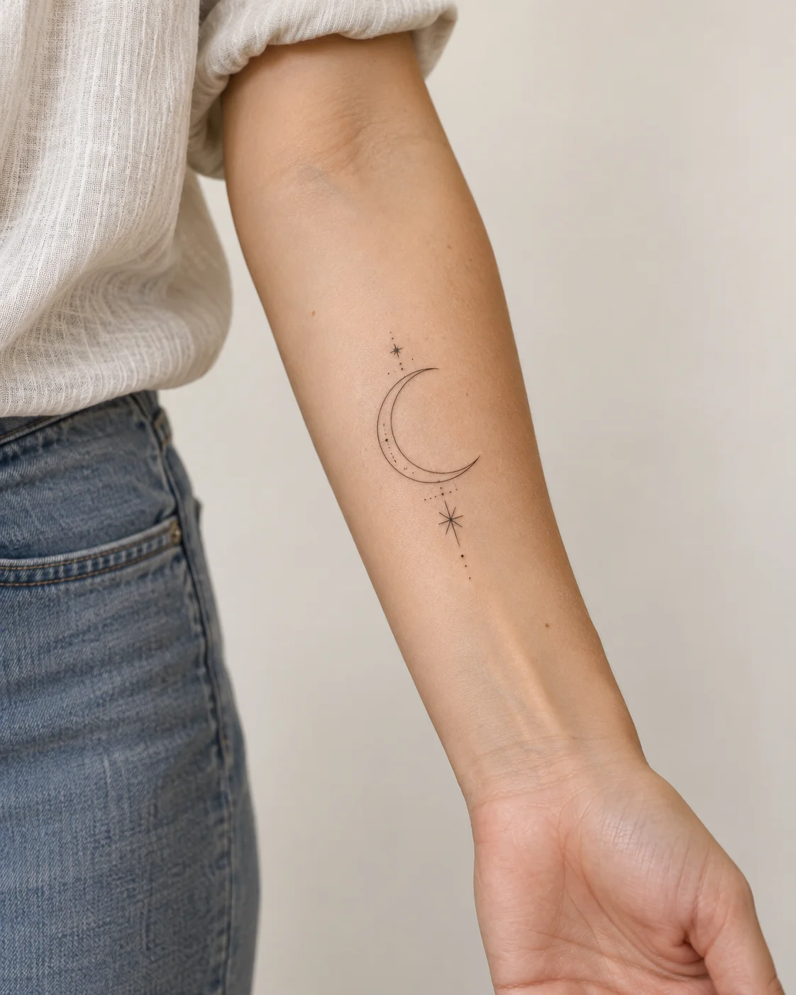 Open Crescent Moon fine line tattoo concept on the inner forearm