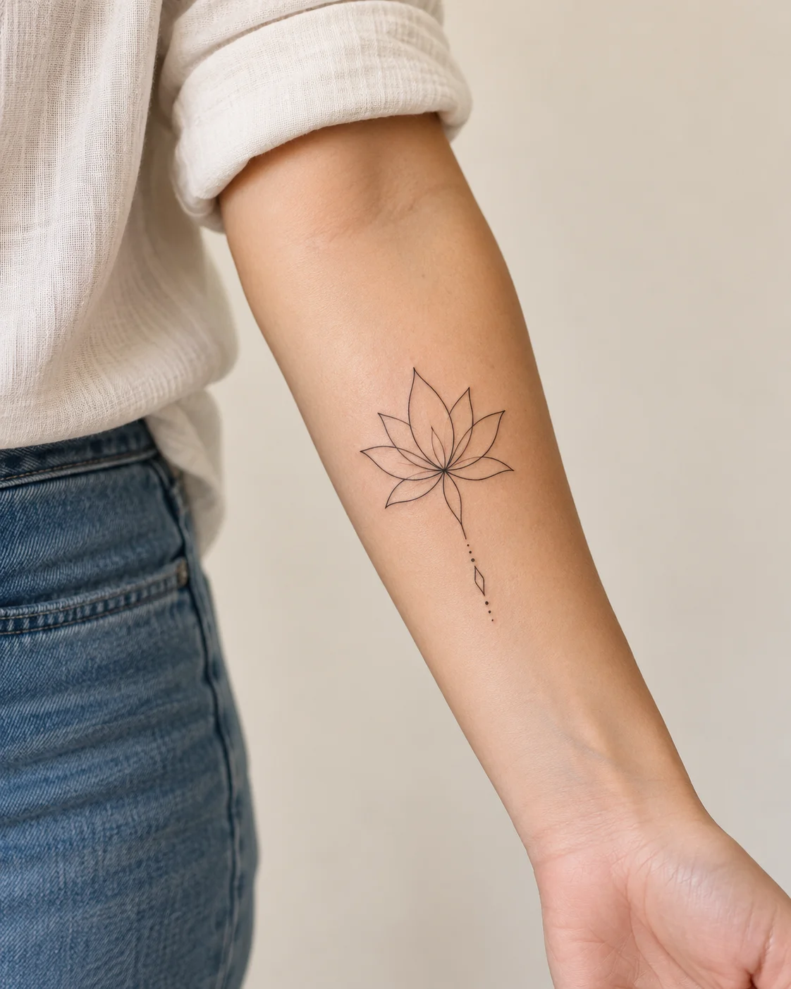 Minimal Lotus Outline fine line tattoo concept on the inner forearm