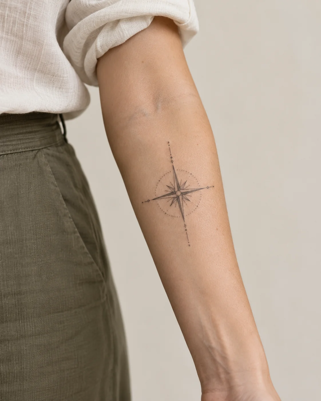 Fine Compass Rose fine line tattoo concept on the outer forearm