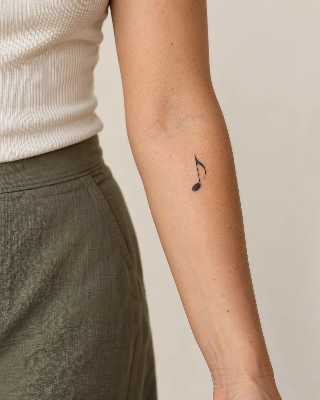 Single Music Note fine line tattoo concept on the outer forearm