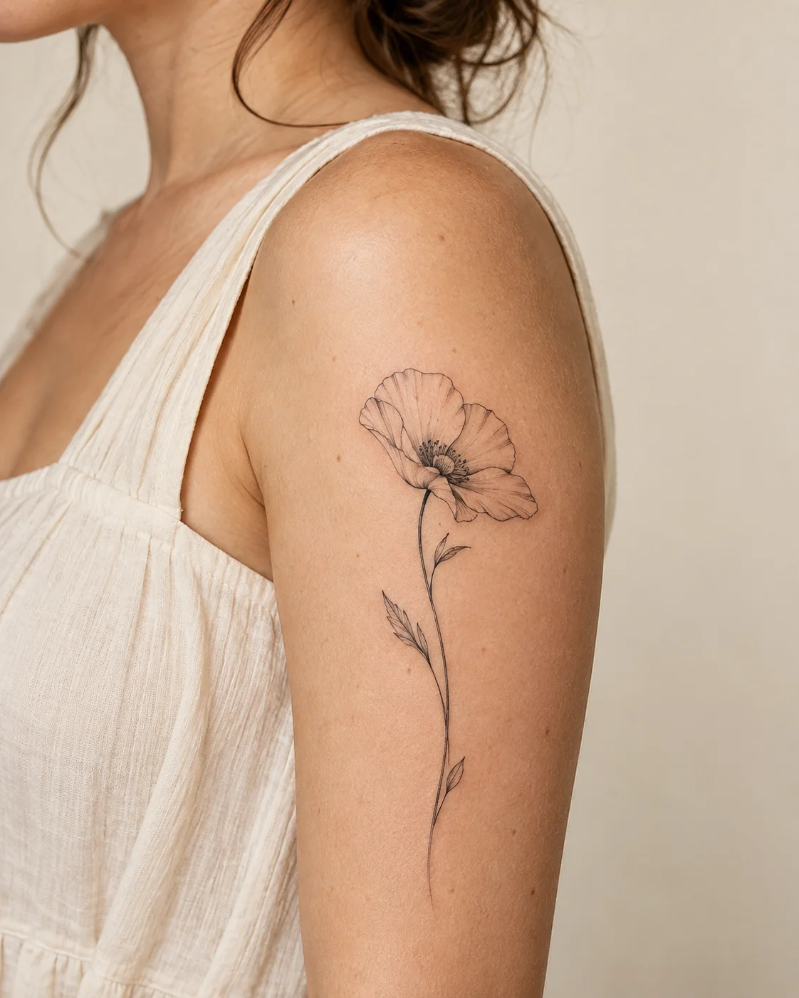 Single Poppy-Inspired Stem fine line tattoo concept on the outer upper arm