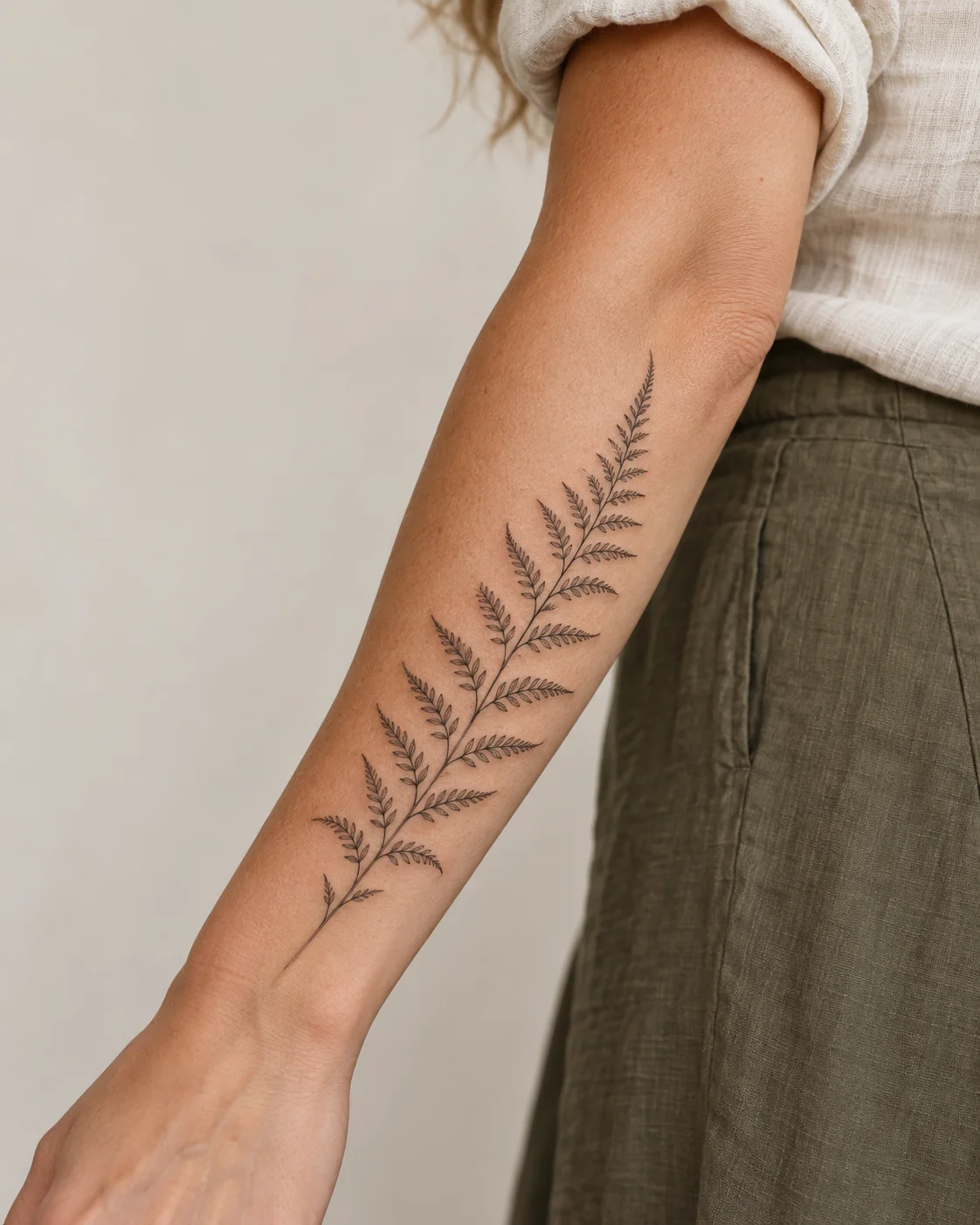 Fine Fern Frond fine line tattoo concept on the outer forearm