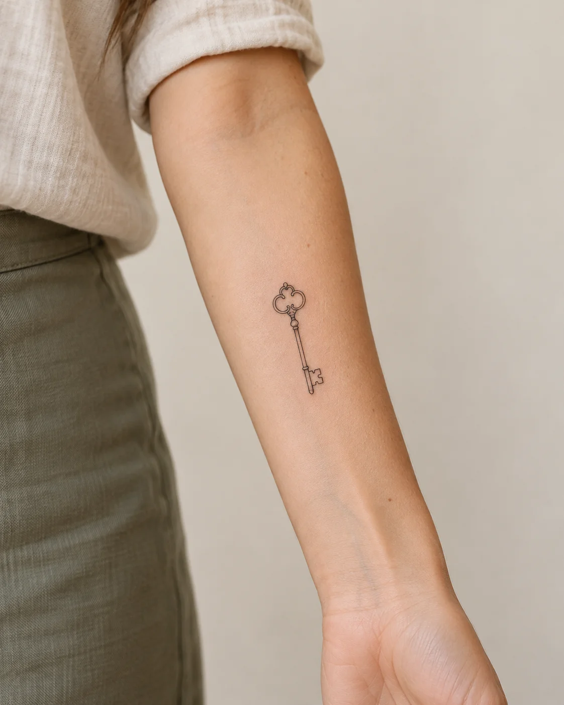 Tiny Key fine line tattoo concept on the inner forearm