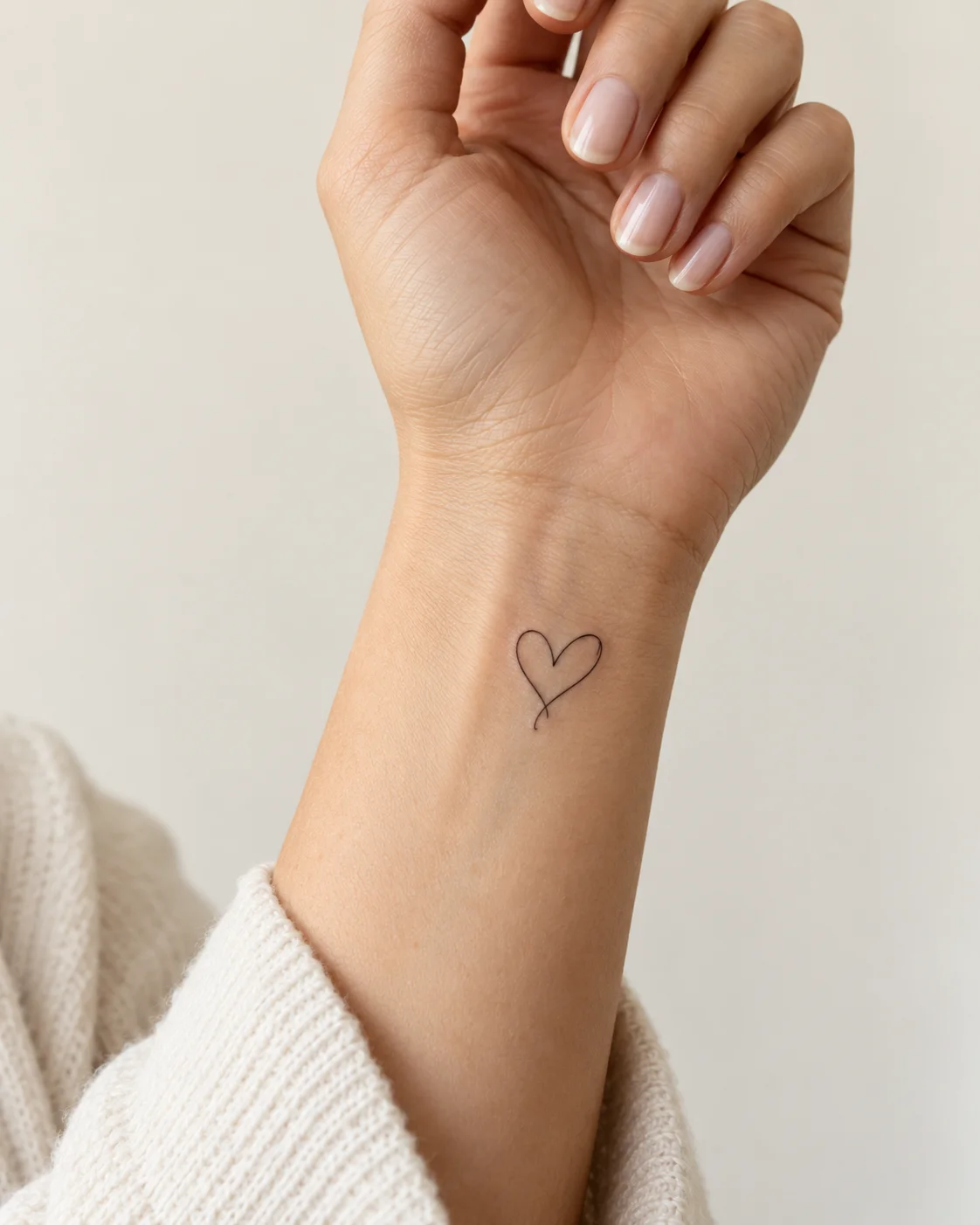 One-Line Heart fine line tattoo concept on the inner wrist