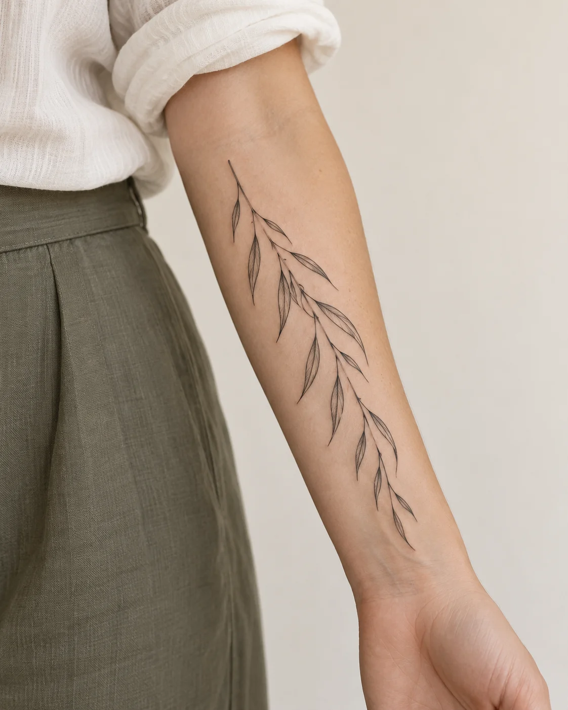 Fine Willow Sprig fine line tattoo concept on the outer forearm