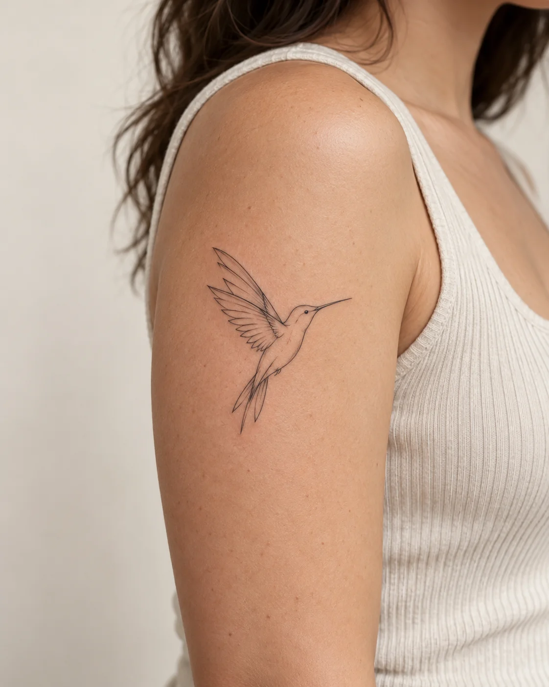 Minimal Hummingbird fine line tattoo concept on the outer upper arm