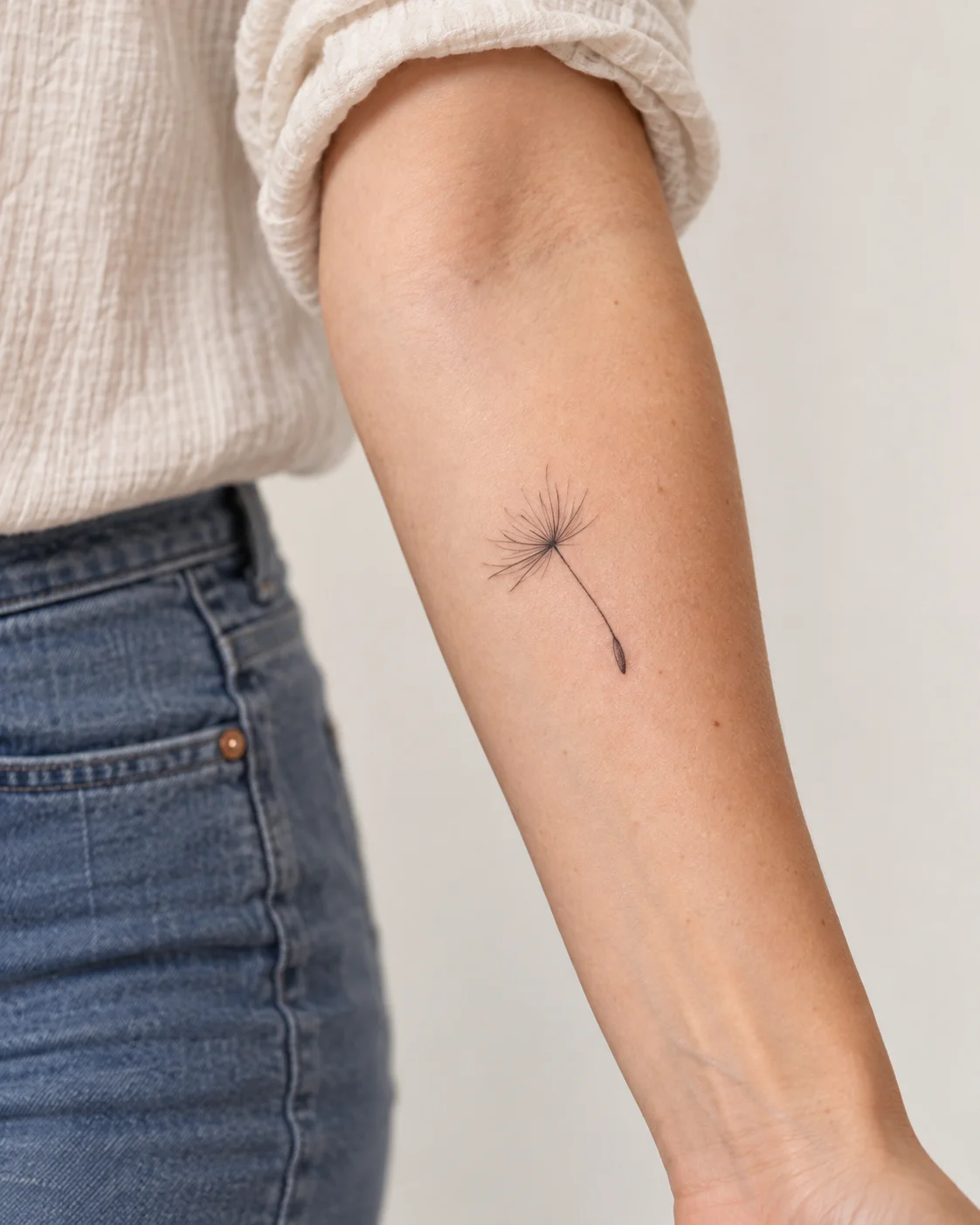 Small Dandelion Seed fine line tattoo concept on the outer forearm