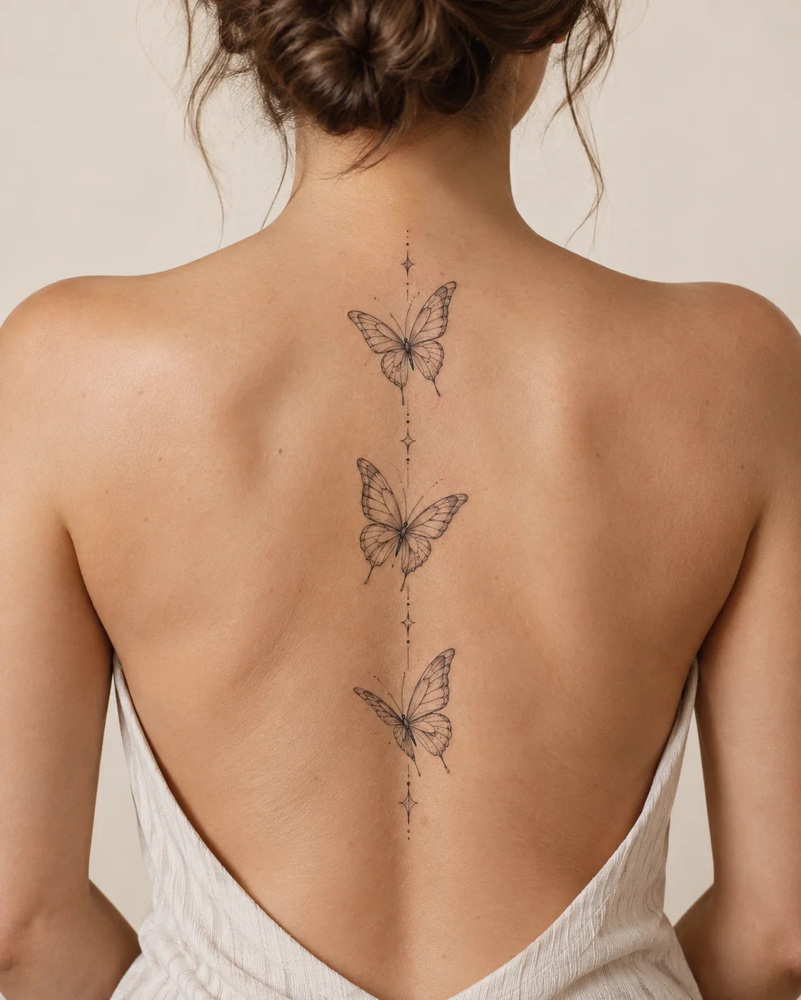 Three Butterflies Along the Spine fine line tattoo concept on the upper and middle back along the spine above a modest low-back top