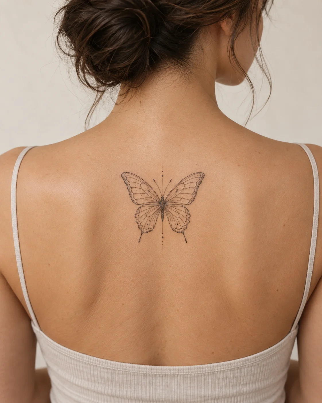Single Butterfly Between the Shoulder Blades fine line tattoo concept on the upper back between the shoulder blades above a modest top
