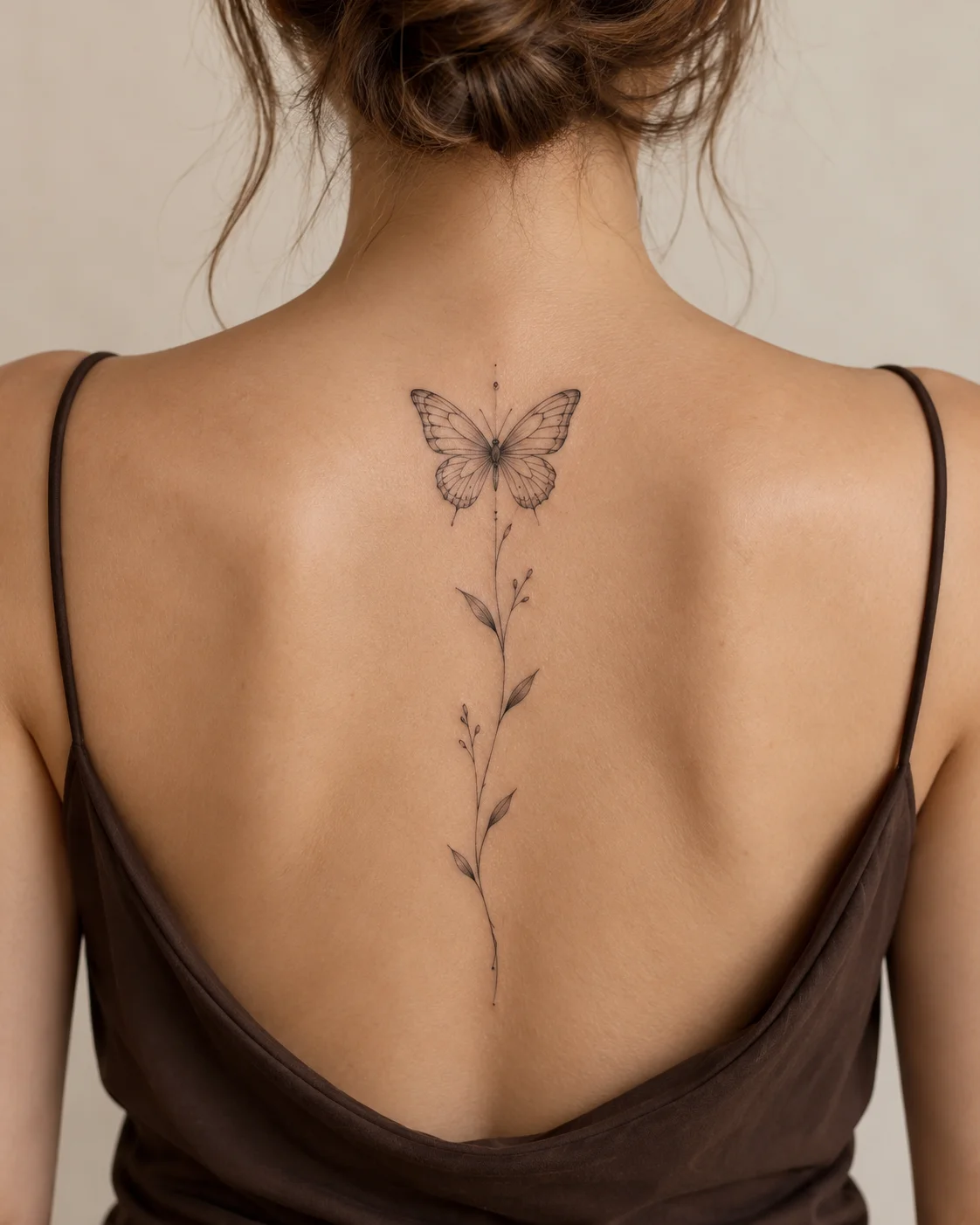 Butterfly and Long Fine Stem fine line tattoo concept on the upper and middle spine above a modest low-back top