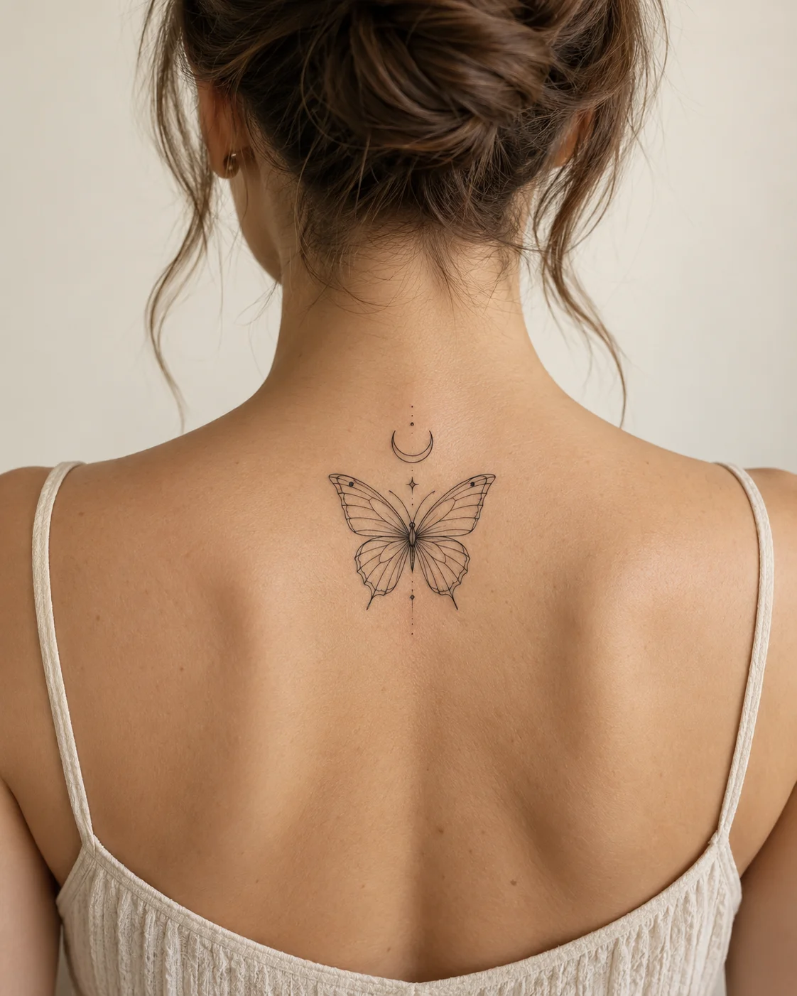 Butterfly with Crescent Above fine line tattoo concept on the upper spine above a modest top