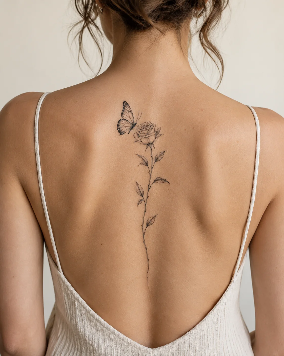 Butterfly and Fine Rose Stem fine line tattoo concept on the upper and middle spine above a modest low-back top