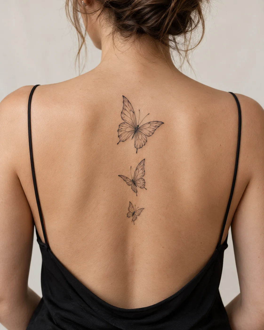 Graduated Butterfly Trail fine line tattoo concept on the upper and middle spine above a modest low-back top