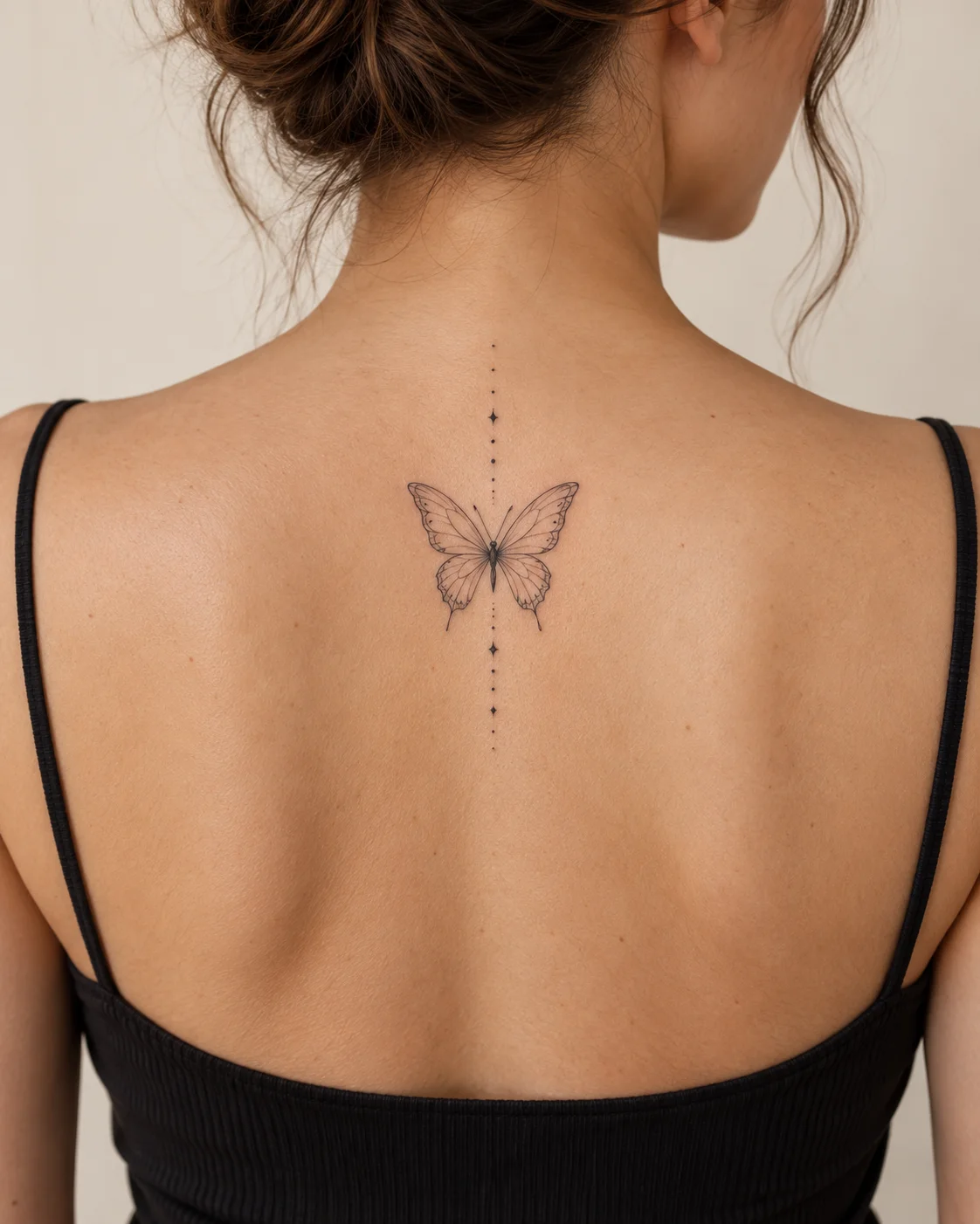 Butterfly with Dotted Vertical Accents fine line tattoo concept on the upper spine above a modest top