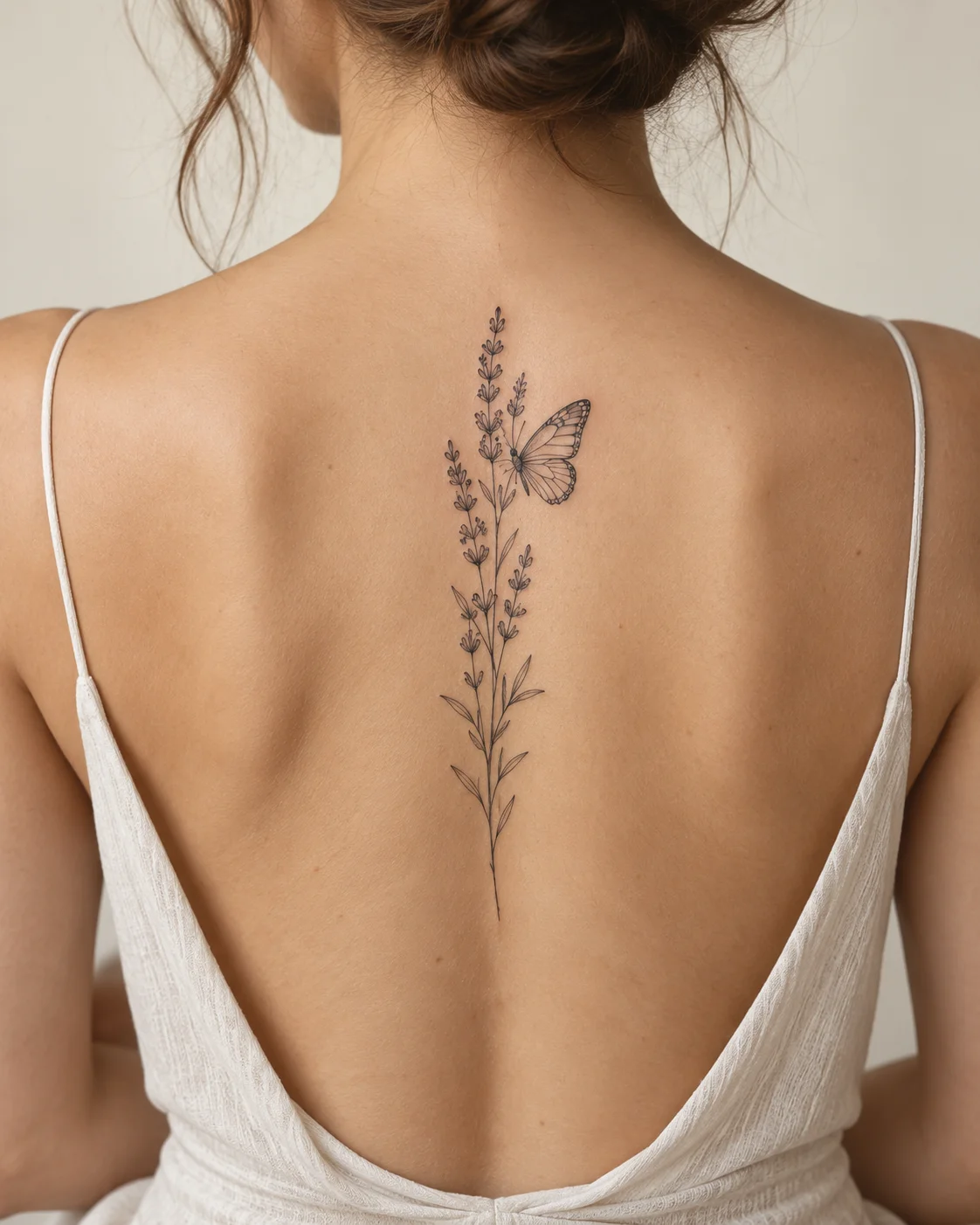 Butterfly and Lavender Sprig fine line tattoo concept on the upper and middle spine above a modest low-back top