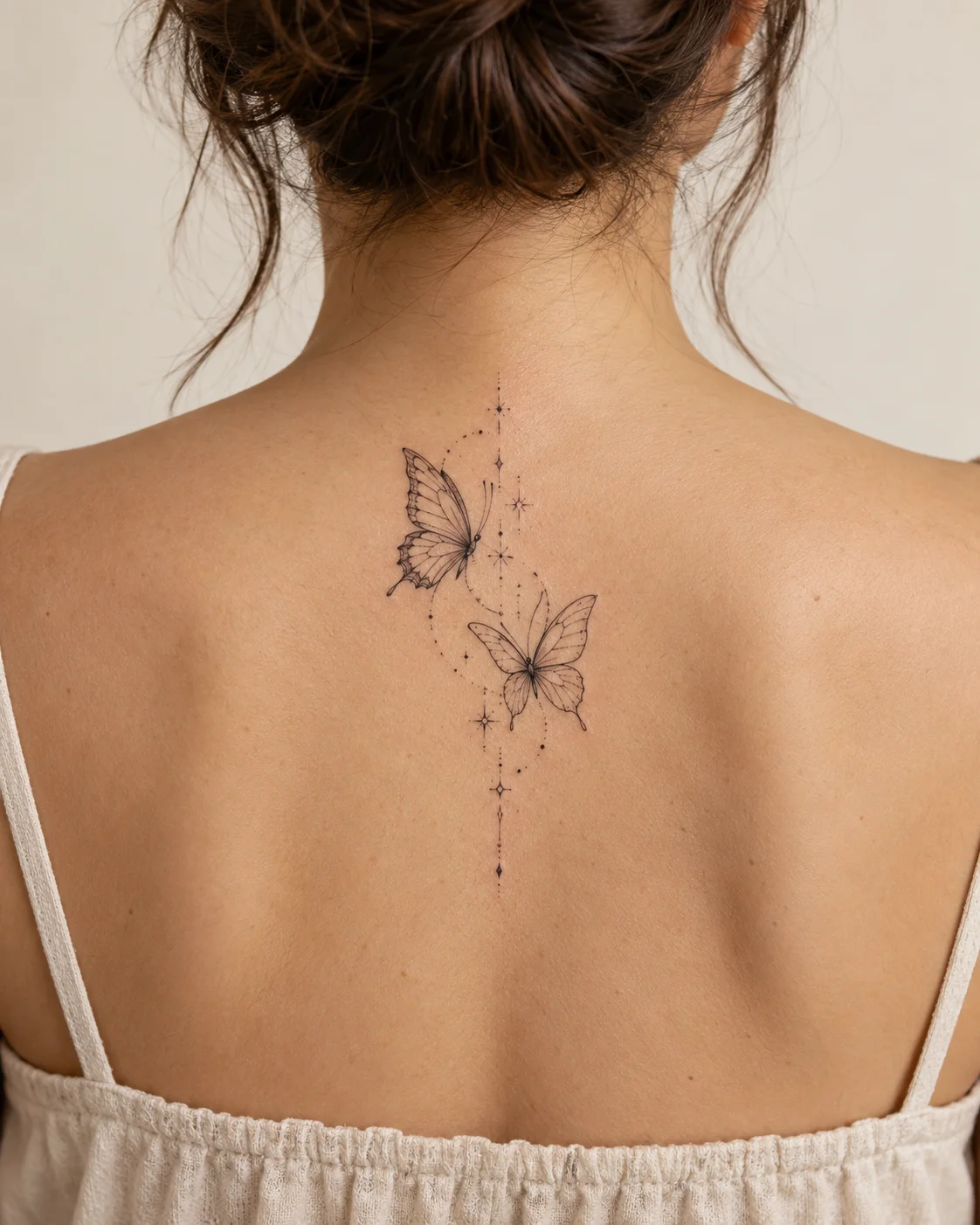 Two Butterflies Facing Different Directions fine line tattoo concept on the upper spine above a modest top