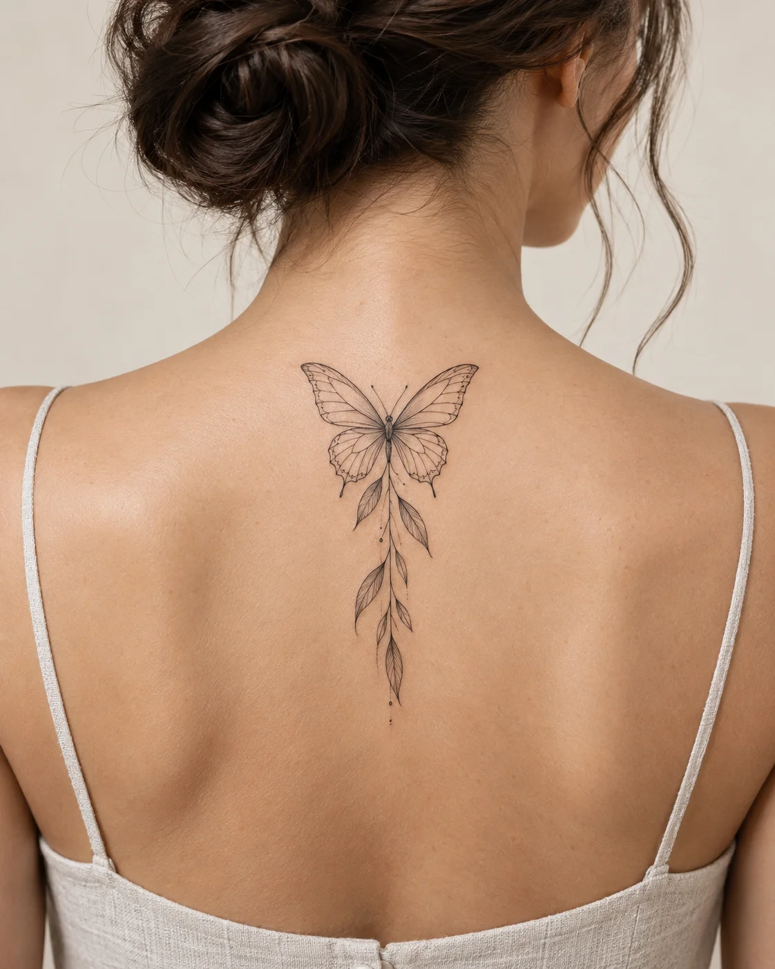 Butterfly with Hanging Leaf Detail fine line tattoo concept on the upper spine above a modest top
