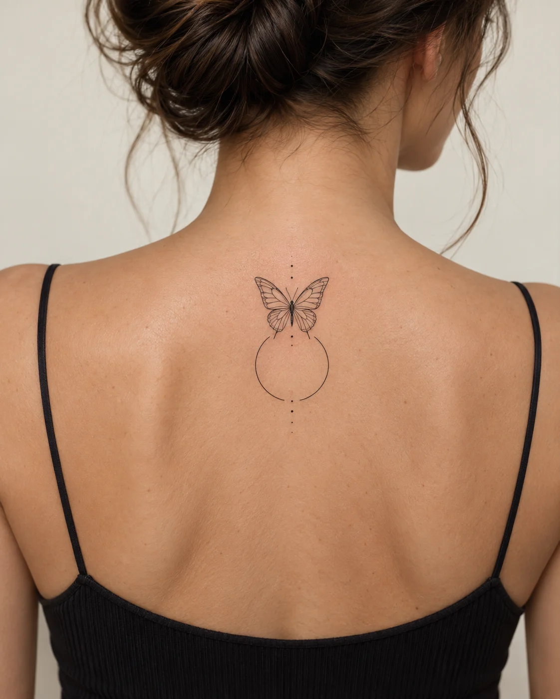 Butterfly Above an Open Circle fine line tattoo concept on the upper spine above a modest top