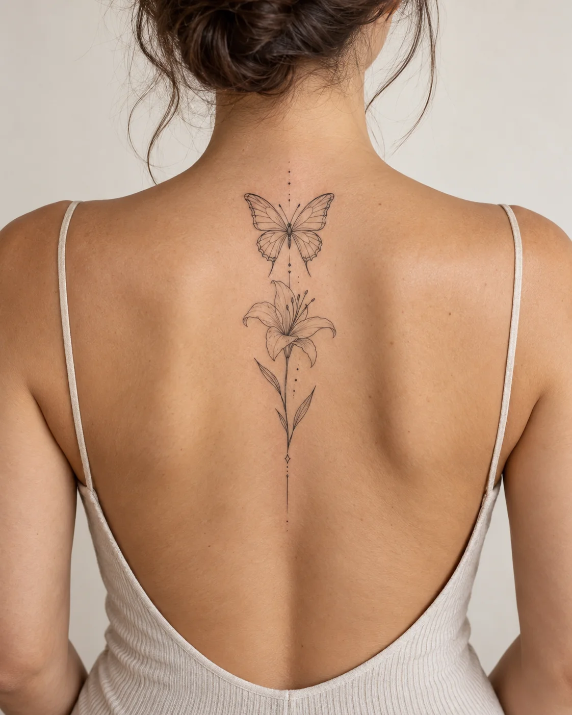Butterfly and Single Lily-Inspired Bloom fine line tattoo concept on the upper and middle spine above a modest low-back top
