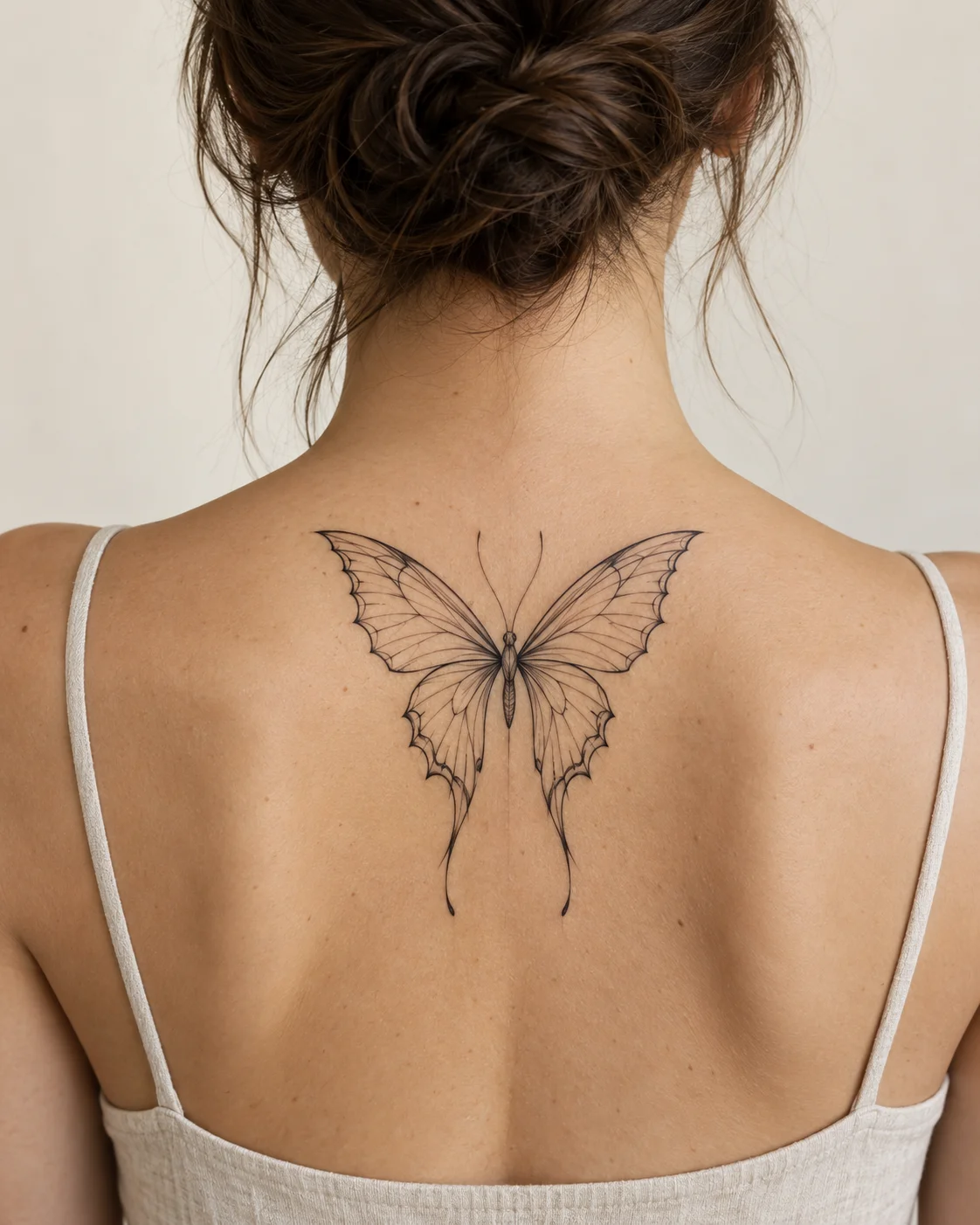 Swallowtail-Inspired Spine Butterfly fine line tattoo concept on the upper spine above a modest top