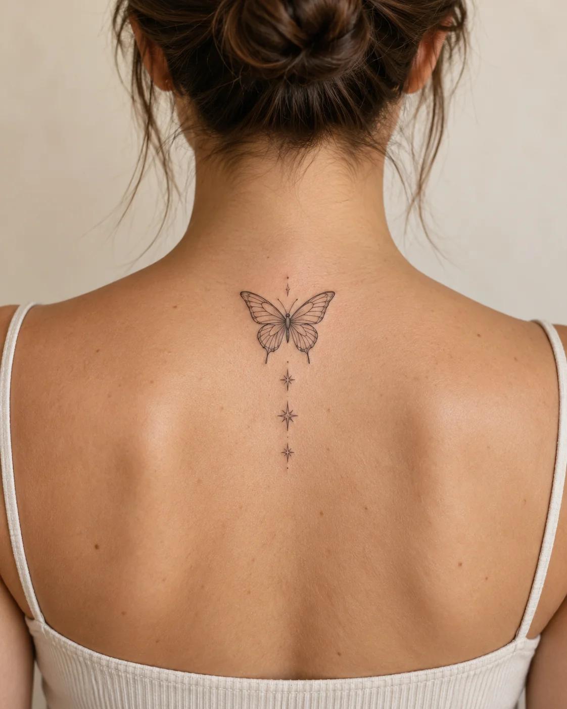 Butterfly and Three Tiny Stars fine line tattoo concept on the upper spine above a modest top