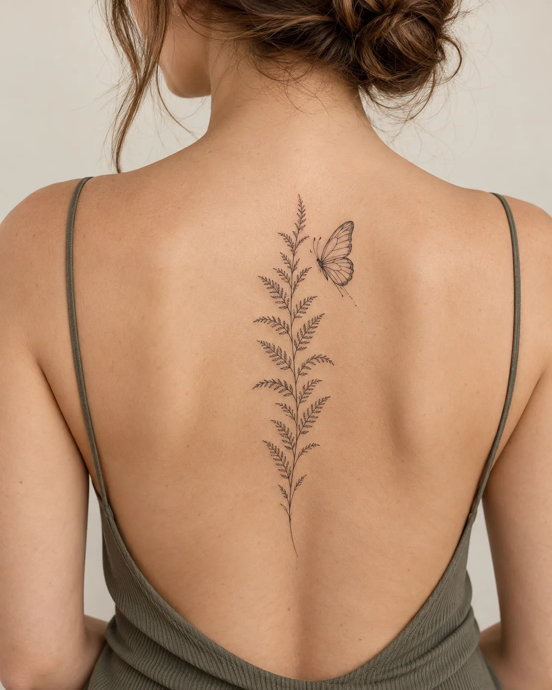Butterfly Along a Fine Fern fine line tattoo concept on the upper and middle spine above a modest low-back top