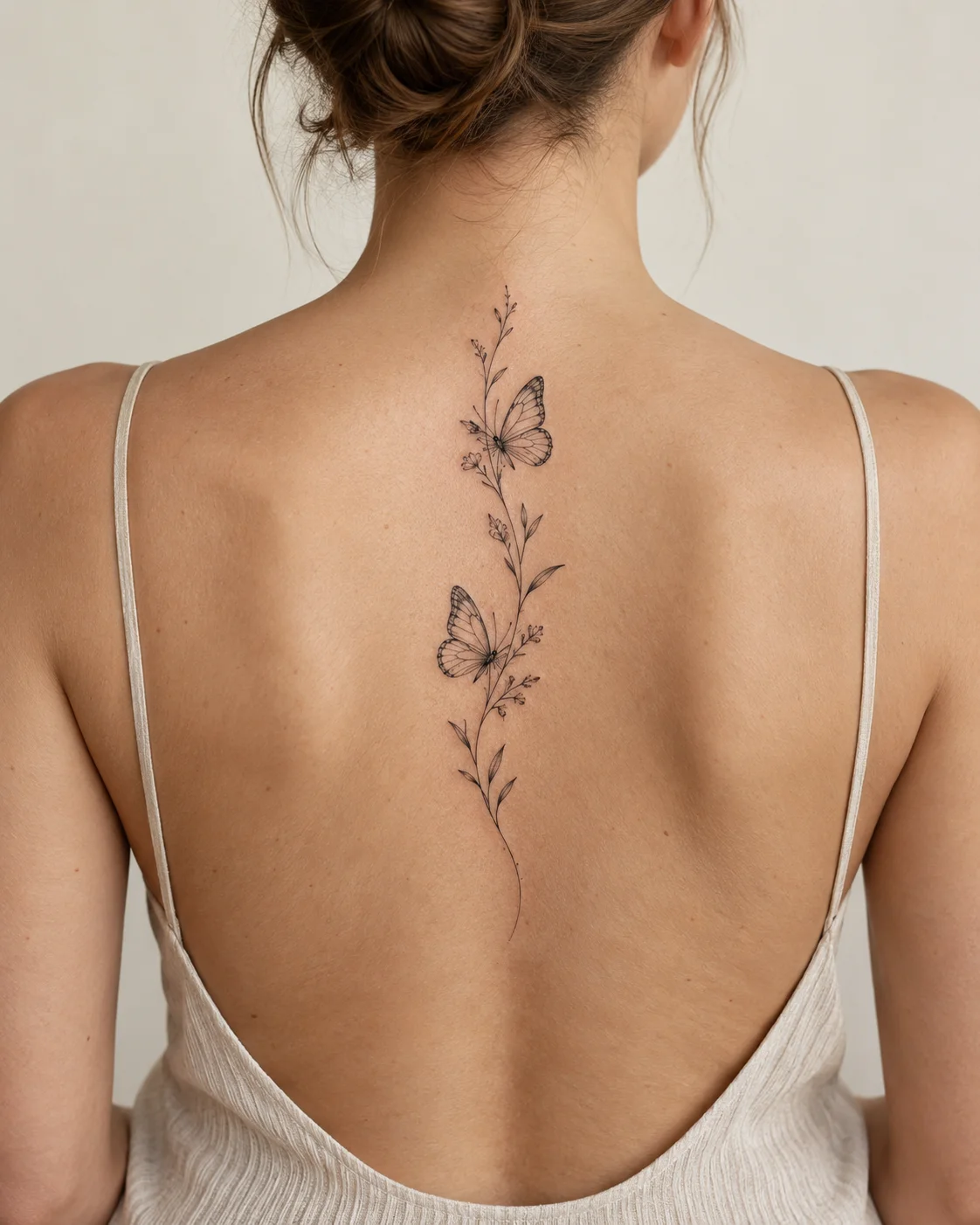 Butterfly Pair with a Shared Stem fine line tattoo concept on the upper and middle spine above a modest low-back top