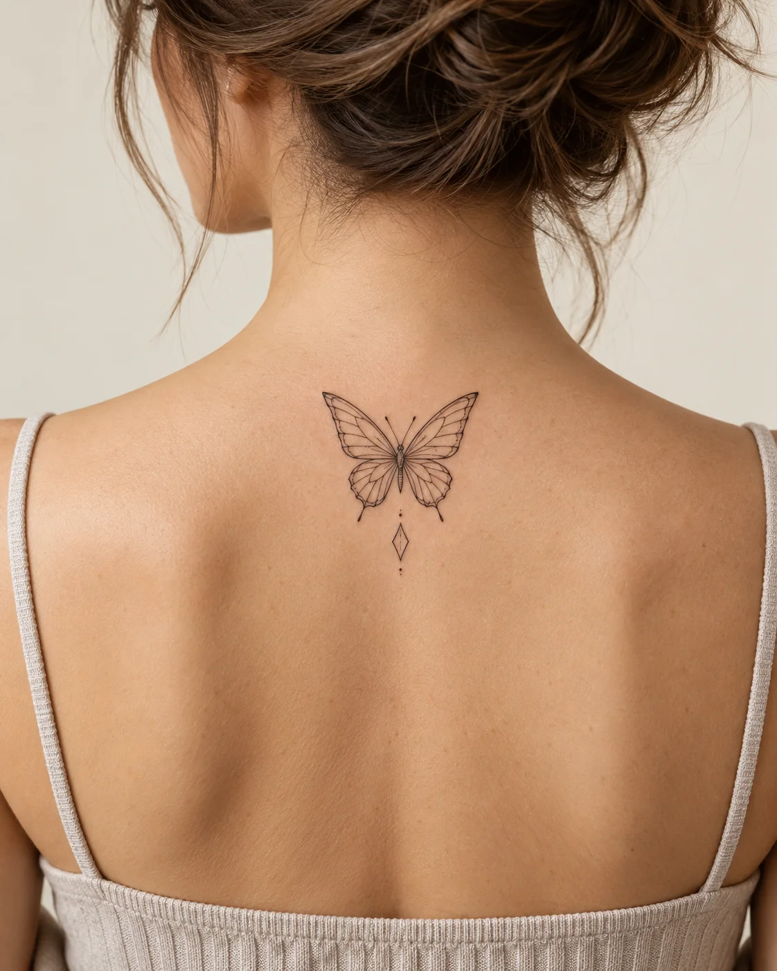 Butterfly with a Fine Diamond Accent fine line tattoo concept on the upper spine above a modest top