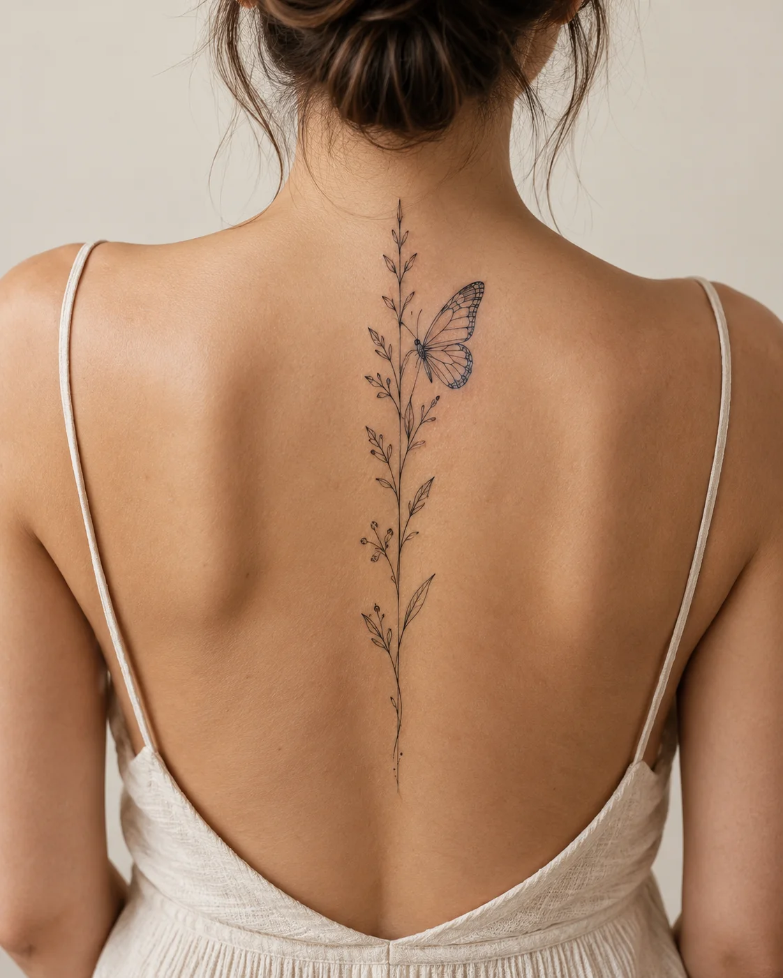 Off-Center Butterfly with Centered Botanicals fine line tattoo concept on the upper and middle spine above a modest low-back top